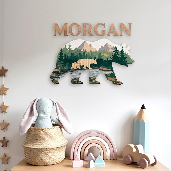 Personalized Nursery Sign, Animals Wooden Sign with Name, Hello World Newborn Sign, Bear Sign for Kid Room Decor, Baby Gifts for Boy, Custom Baby Name Sign, Baby Boy Wall Art Bedroom