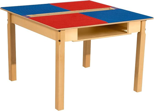 Contender Time-2-Play 35" Square Plywood Red & Blue Lego Compatible Blocks Play Table, Solid Wood Square Table with Trough and Shelf for Playroom with 20" Long Legs in Natural Color, UV Finish