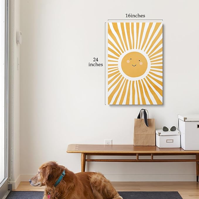 XWELLDAN Cute Cartoon Smiling Sun Cheerful Nursery Wall Art Canvas Prints,Watercolor Boho Neutral Sun Sunshine Wall Art Decor for Kids Baby Bedroom Nursery Playroom, 16 x 24 Inch, Framed