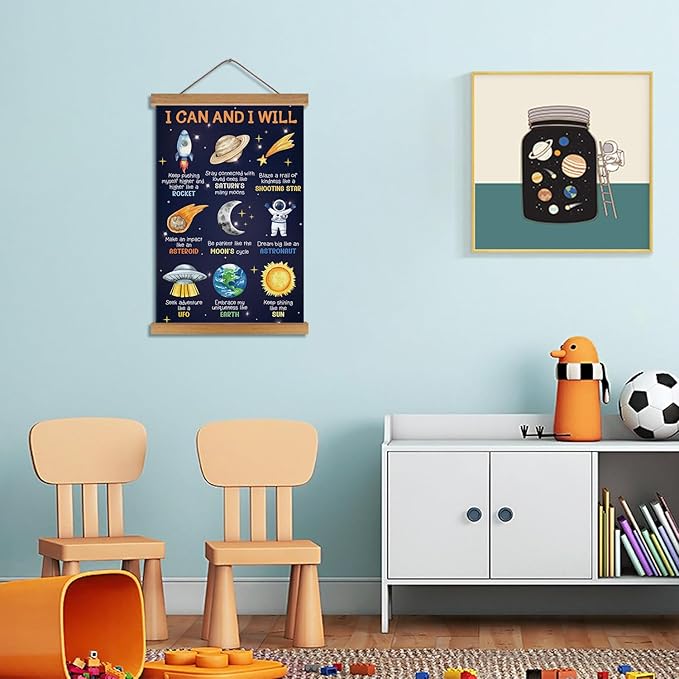 KAIRNE Outer Space Poster,I can I Will Positive Space Themed Decor,Rocket Prints Astronaut Hanging Canvas With Magnetic Hanger,Motivational Wall Art for Boys Room Bedroom Kids Classroom Decor