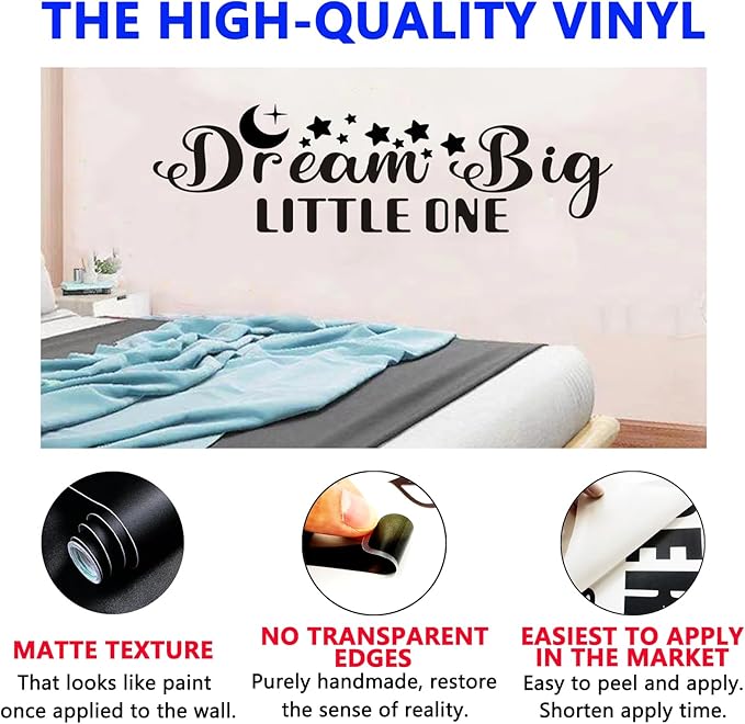 Baby Quotes Wall Stickers for Nursery: Kids Inspirational Positive Moon Stars Vinyl Art Wall Decals - Bedroom Playroom School Wall Decor - Dream Big Little One 25" X 7"