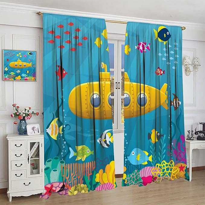 Boy Window Curtains Submarine Window Drapes Yacht Window Treatments Underwater World Oasis Thermal Drapes for Kids Girls Toddler Teens Room Dorm Decor Set 2 Panels,42x54 Inches