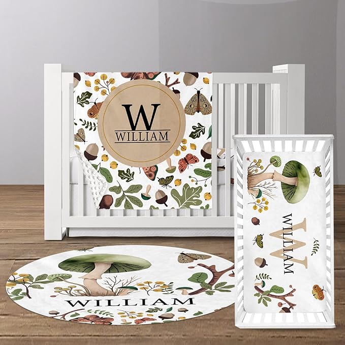 Custom Baby Crib Bedding Set - Mushroom Design Personalized Name Baby Nursery Bedding 3 Pcs Set - Chic Soft Blanket, Fitted Sheet, Room Rug for Newborns Boys Girls Gifts