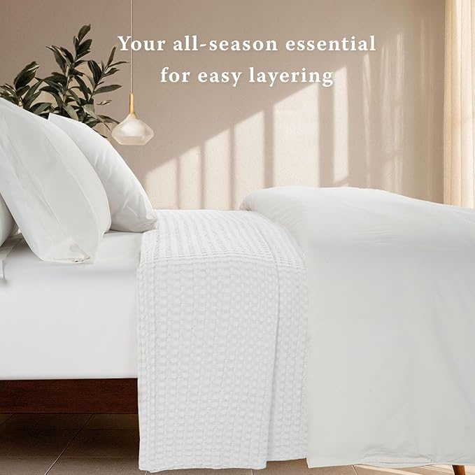 Threadmilll Cooling Cotton Waffle Queen Size Blanket | Breathable, Lightweight & Ultra-Soft | Made from Rayon Derived from Bamboo | Cooling Throw Blanket for Couch and Sofa | 90 x 92 Inches | White