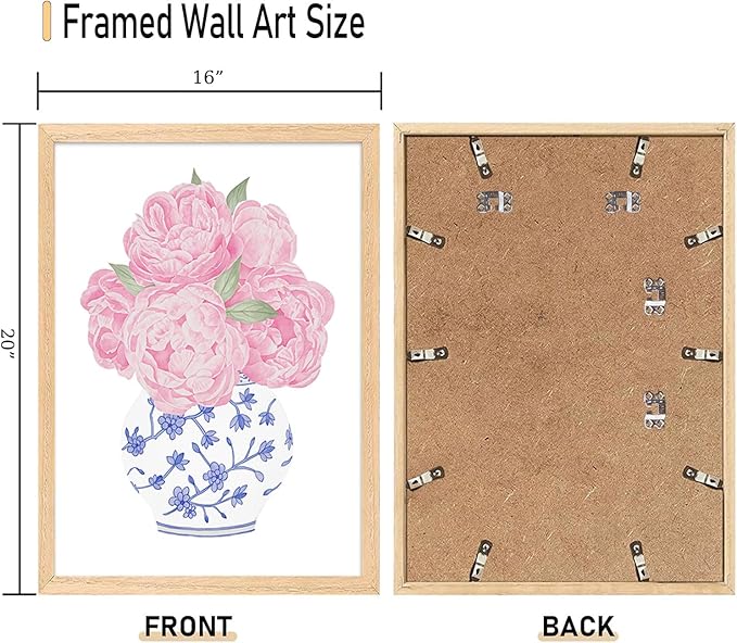 CHMMART 3 Piece Pink Floral Framed Wall Art Blue and White Chinoiserie Flower Canvas Art Prints Peony Pictures Wall Decor Painting Artwork for Living Room Bedroom Bathroom 16x20in