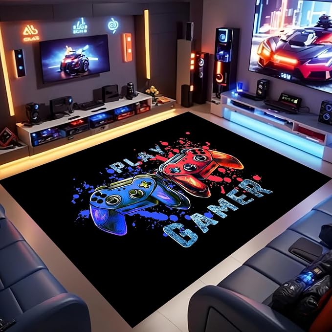 Game Console Gamepad Area Rugs,6x9ft,Play Gamin Decor Boys Bedroom Rug with Non-Slip Backing Large Washable Carpet for Living Room Playroom Gaming Chair Mat