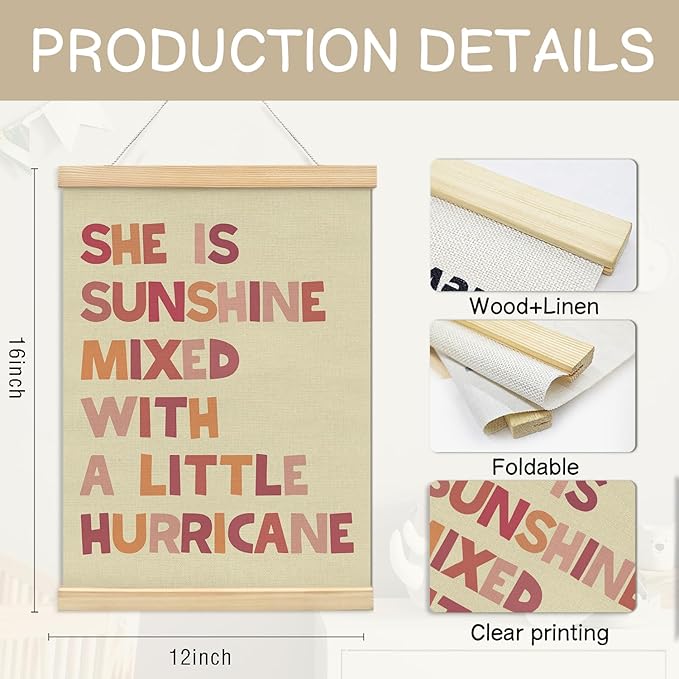 NaZaUK She is Sunshine Poster Hanger Frame, Pink Nursery Wall Art for Girls, Toddler Girl Bedroom Decor, Inspirational Hanging Banner for Baby Girls Room or Playroom, 12x16 Inch