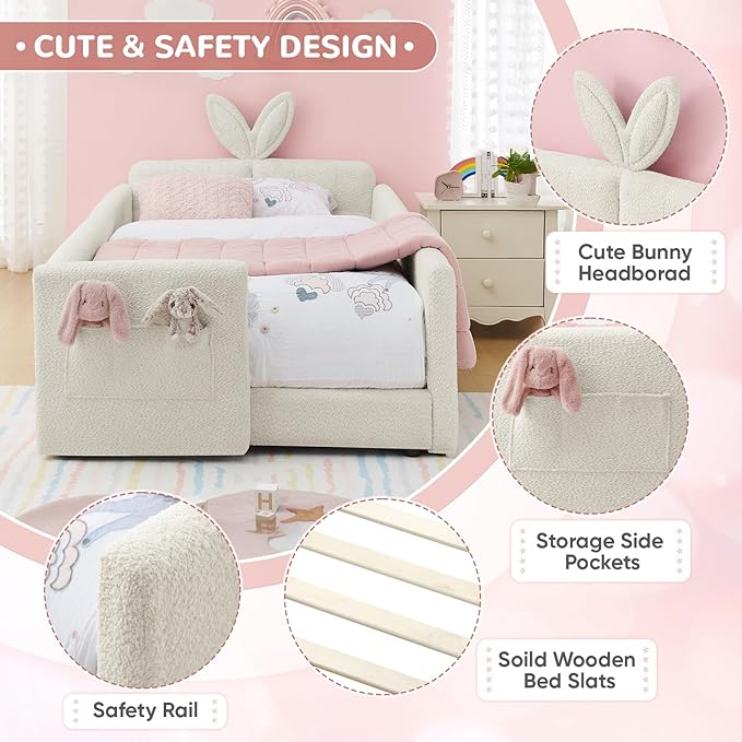 Twin Size Kids Bed with Rabbit Ear Headboard, Upholstered Boucle Fabric Twin Daybed with Slats Support & Side Pockets, Space-Saving Wooden Corner Sofa Couch Bed Frame, for Girls, Boys, Teenager(Beige)