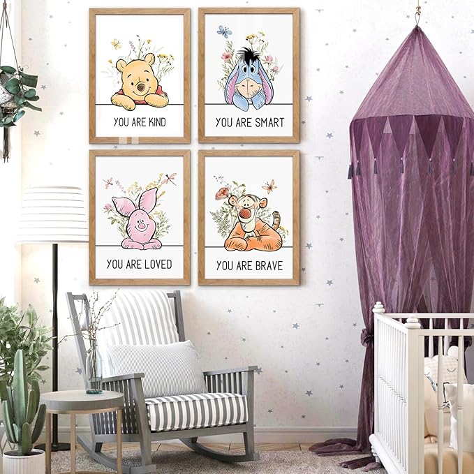 Cute Winnie the Pooh Quote Framed Wall Art Set of 4, Boho Educational You are Brave Strong Smart Kind Wooden Saying Sign for Baby Girl Kid Boy Toddlers, Preschool Inspirational Nursery Wall Decor