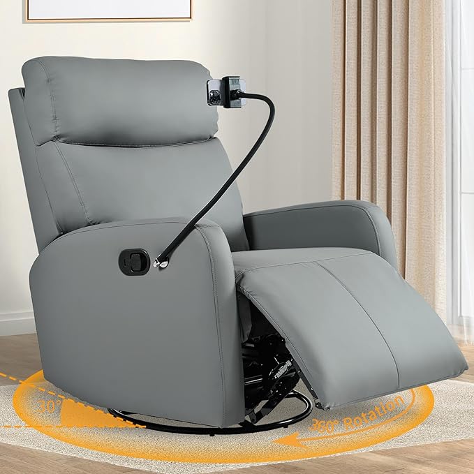 Swivel Rocker Recliner Chair for Nursery, Upholstered 360° Leather-air Glider Rocking Chair with Phone Holder, Manual Small Recliners for Small Spaces Living Room