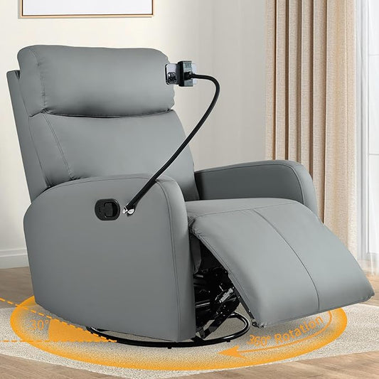 Swivel Rocker Recliner Chair for Nursery, Upholstered 360° Leather-air Glider Rocking Chair with Phone Holder, Manual Small Recliners for Small Spaces Living Room
