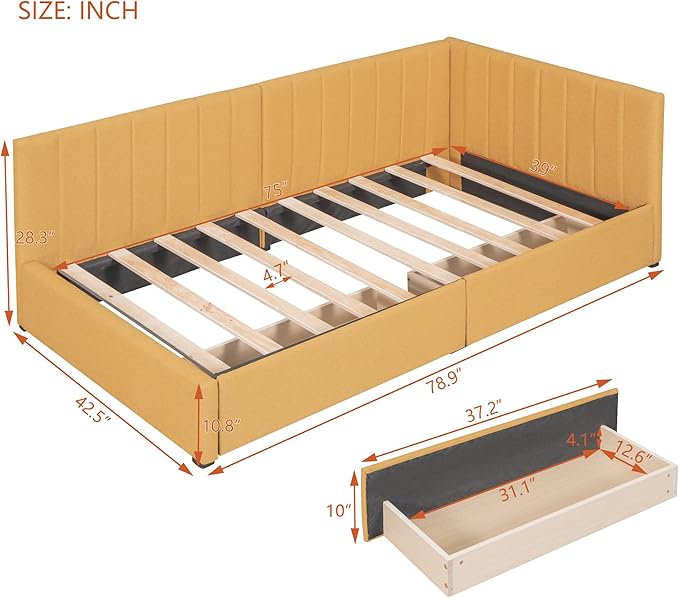 Harper & Bright Designs Upholstered Daybed with 2 Storage Drawers Twin Size Sofa Bed Frame No Box Spring Needed, Linen Fabric (Yellow)