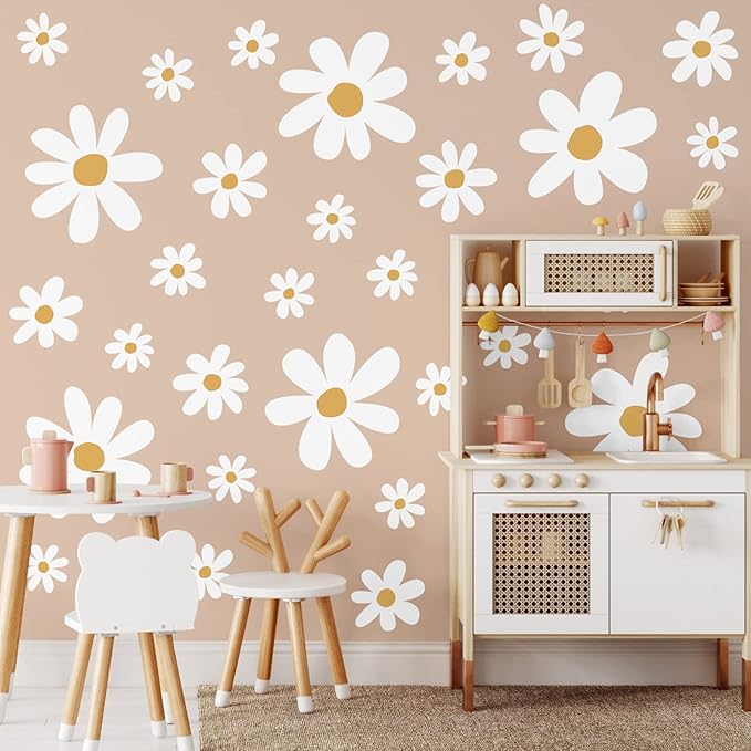TaoBary 12 Sheets Daisy Wall Decal Flower Wall Sticker Cute Daisy Sticker Pink White Flower Decal Peel and Stick Floral Wallpaper for Nursery Bedroom Home Decor(White, Yellow,Cute Style)