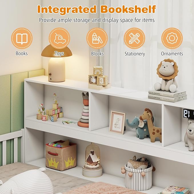 Giantex Full Size Floor Bed for Kids, Wooden Montessori Bed Frame with Bookcase, Storage Shelves & Safety Fence Rails, Floor Beds Full for Girls, Boys, No Box Spring Needed, Without Slats, White