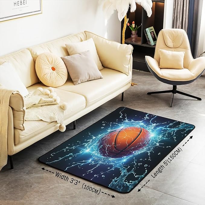 jejeloiu Basketball Area Rug 5x7 Sports Theme Living Room Rugs for Bedroom Soft Kids 3D Ball Decorative Carpet Inside Entryway Accent Rug Floor