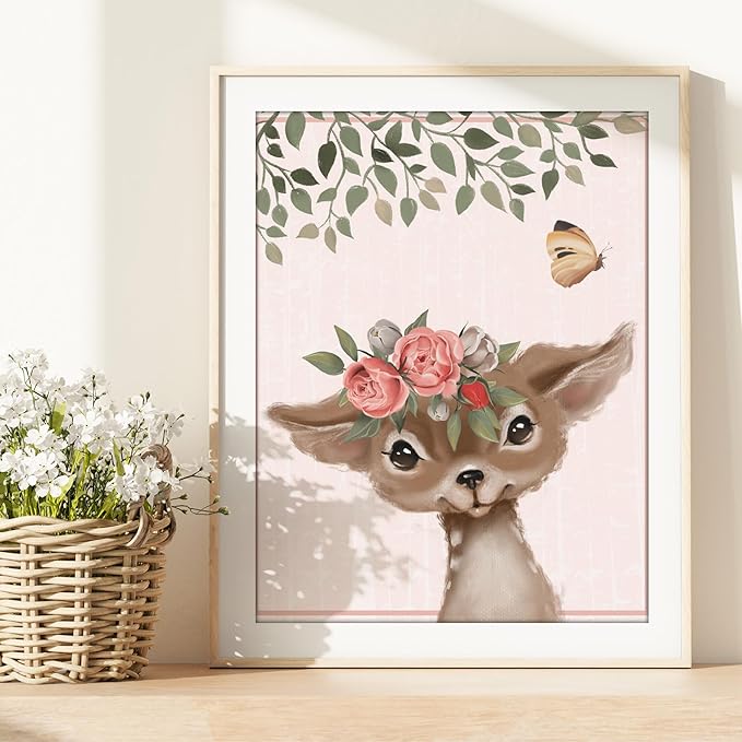 DREAM BIG PRINTABLES Woodland Animals Nursery Wall Art Prints (Set of 6) - Unframed - 8x10s | Set Includes Bear, Fox, Owl, Deer, Bunny Rabbit, and Raccoon wearing Floral Crowns