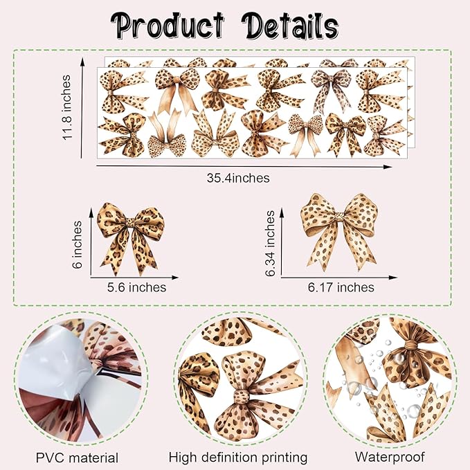 Watercolor Leopard Bow Wall Stickers, Cheetah Bow Knot Vinyl Wall Decals, Removable Bowtie DIY Wall Art for Girls Wowen Bedroom Living Room Decor
