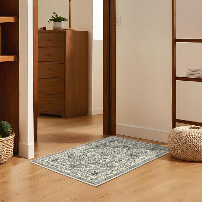 WITSHOCK Indoor Door Mat, Entrance Mat 2x3 Machine Washable Non Slip Backing Mat Soft Foldable,Vintage Rugs Mats, Inside Floor Mat Doormat, Brown Lvory