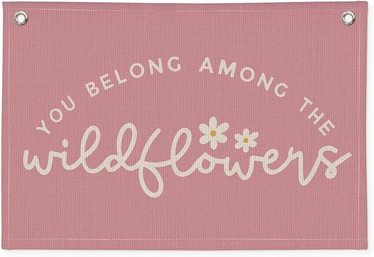 Girls Room Decor, Wildflower Baby Girl Nursery Decor, Baby Shower Pink Linen Canvas Banner, Wall Hanging Banner Flag 20x30 Inch - Hot Pink