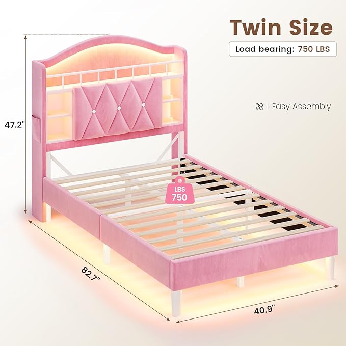 ADORNEVE Twin Size Bed Frame with LED Lights, Princess Velvet Upholstered Platform Bed for Girls, Headboard with Charging Station & Guardrail & Crystal Button, No Box Spring Needed, Pink