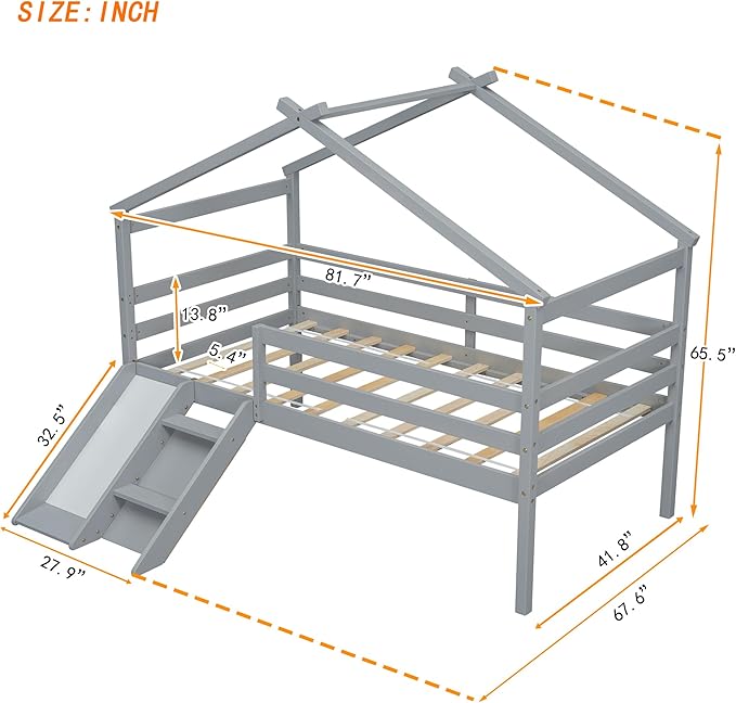 Twin Size Low Loft Bed with Slide and Ladder for Kids Boys Girls, Solid Wood House Roof Loft Bed Frame with Safety Guardrails, Sturdy Slat Support (Grey-50)