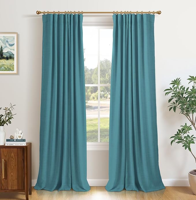 INOVADAY 100% Blackout Curtains for Bedroom, Black Out Curtains 90 Inch Long, Clip Rings Linen Blackout Drapes, Thermal Insulated Room Darkening for Living Room, 2 Panels - Teal,W50xL90