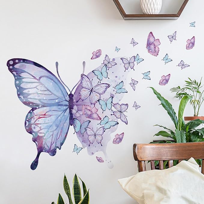 Purple Blue Butterfly Wall Decals Removable Butterfly Flower Wall Stickers Peel and Stick Butterflies Wall Decor Stickers for Kids Girls Bedroom Nursery Bathroom Decorations BR44533