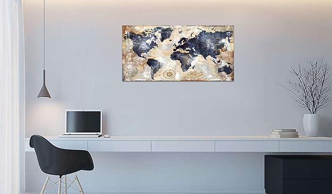 Canvas Wall Art World Map Wall Art for Office Artwork Print Picture Home Interior Decor - Map Picture for living room Office Bedroom Wall Decor Canvas Artwork 24x48inch Ready to Hang