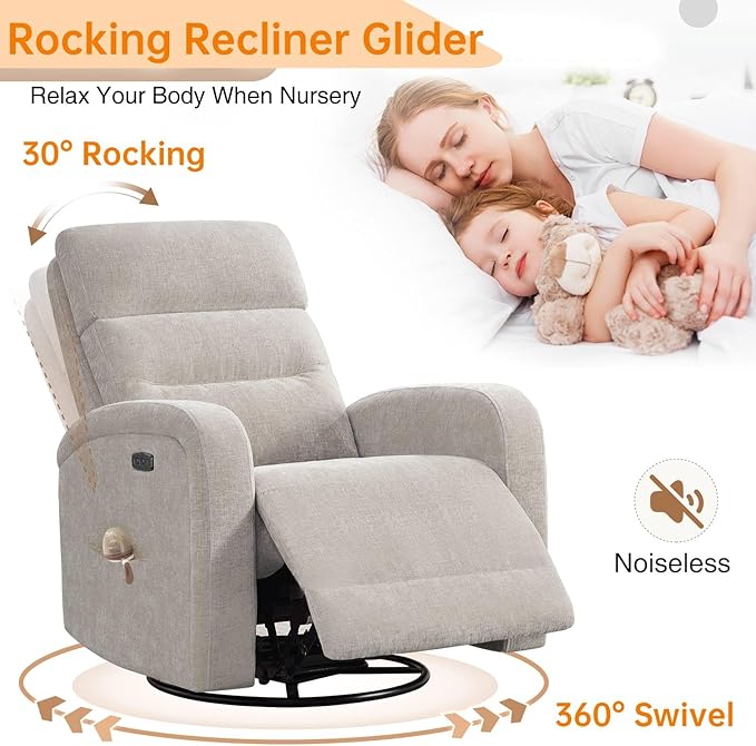 Power Rocker Recliner Glider for Nursery with USB, Electric Swivel Rocker Recliner Chair for Living Room, Upholstered Recliner Chairs for Adults, Chenille Camel