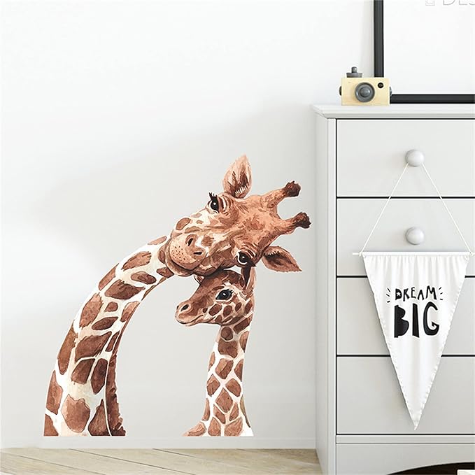 ROFARSO Lifelike Cute Lovely Mother and Little Giraffe Animal Wall Sticker Removable Wall Decal Peel and Stick Wall Art Decoration Home Decor for Nursery Kid Baby Bedroom Living Room Playing Room