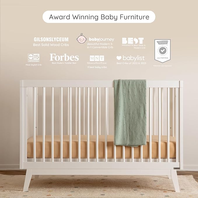 dadada Baby Soho 3 in 1 Convertible Wooden Crib to Toddler Bed - Made in Italy, GREENGUARD Gold Certified, Baby-Safe Finish, Sustainable Beech Wood, Modern Design, 3 Adjustable Heights (White)