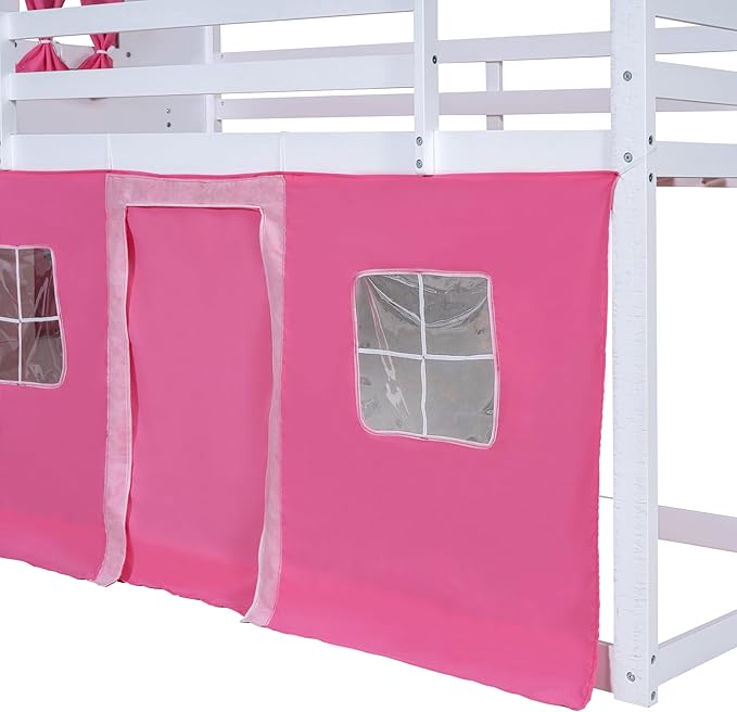 Full Size House Bunk Bed with Elegant Windows and Sills, Solid Wood Tent Bed Frame with Guardrails for Kids Teens Boys Girls, Versatile Spacious Under Bed Space with Curtains (White+Pink C)