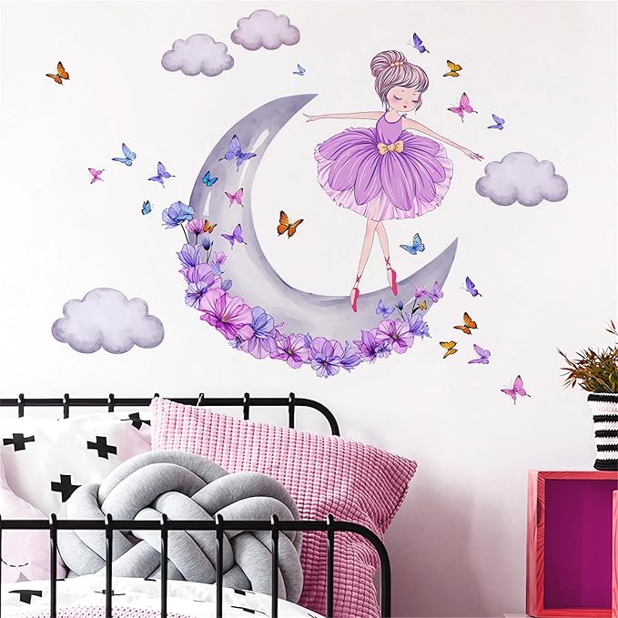 Lovely Purple Moon Girl and Clouds Butterfly Wall Stickers, sacinora Art Wall Decals Removable Vinyl Peel and Stick for Nursery Kids Baby Living Room Children's Room Bedroom Decorations