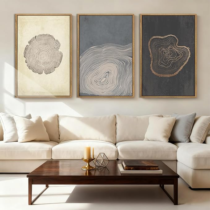 Anyzal Neutral Tree Ring Wall Art Modern Wood Stump Wall Decor 24x36 Inch Set of 3 for Living Room Bedroom Dining Room