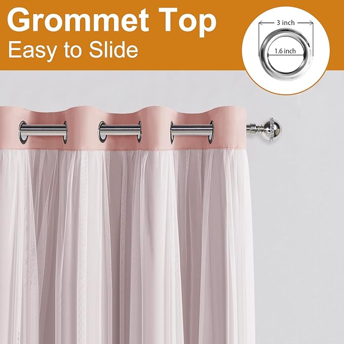 DWCN Blush Layered Curtains for Living Room Blackout and Sheer Curtains with Tiebacks Grommet Top Window Treatments with Sheer Overlay for Nursery, Girls Bedroom, 52 W by 63 L, 2 Pieces
