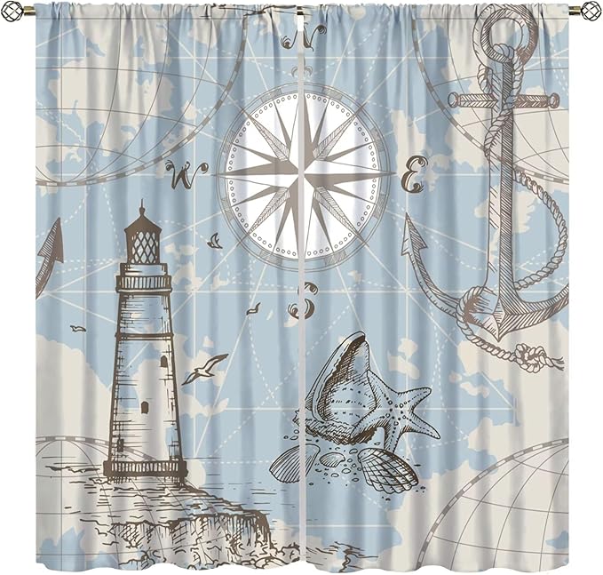 Nautical Theme Window Draperies, Pirate Sailboat Curtains for Bedroom & Living Room, Ocean Window Treatment - 2 Panels, 55x63 Inches