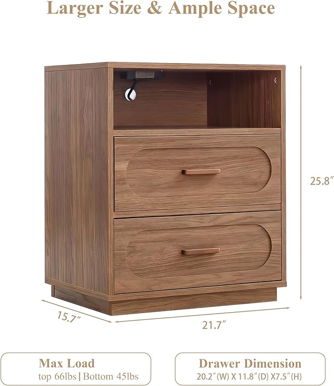 Walnut Nightstand Set of 2 with Charging Station, End Table with 2 Drawers Storage, Space-Saving Wood Storage Cabinet with Unique Base Design, Bedside Table for Bedroom, Living Room