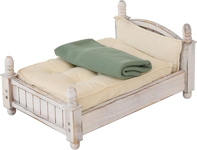 Kate Newborn Photography Props Retro Wooden Bed Posing Props Photoshoot Vintage Doll Bed with Mattress Pillow Bed Mat and Green Stretch Wrap for Baby Photography