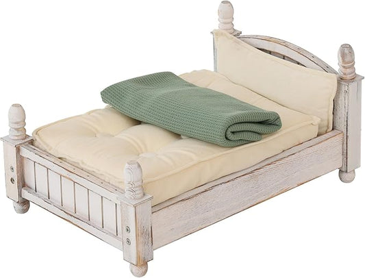 Kate Newborn Photography Props Retro Wooden Bed Posing Props Photoshoot Vintage Doll Bed with Mattress Pillow Bed Mat and Green Stretch Wrap for Baby Photography