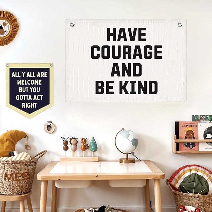 Lacama Boy Nursery Decor, Playroom Decor, Have Courage and Be Kind Linen Banner Wall Hanging Banner Flag Decor for Nursery Playroom Toddler Room, Boys Kids Room Decor 20x30 Inch