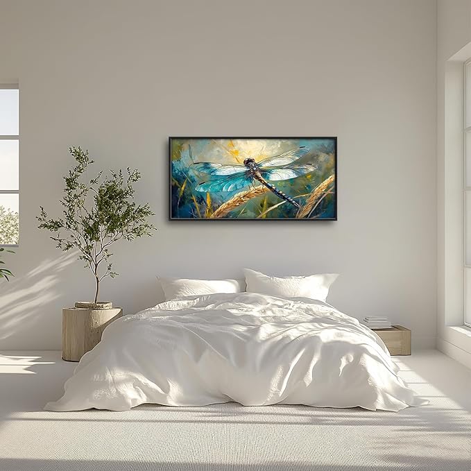 Olivine Dragonfly Wall Art, Vintage Dragonfly Pictures Wall Decor, Nature Painting, Insect Canvas Prints, Framed Artwork for Bathroom Bedroom Living Room Office Home Decoration 60"x30"
