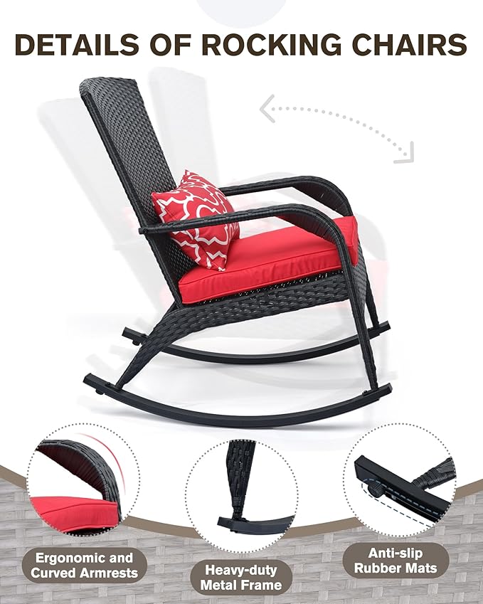 Outdoor Rocking Chair- Outdoor Rattan Rocker Chair with Heavy Duty Steel Frame- All Weather Rocker Chair for Garden, Porch, Backyard, Poolside (Black Rattan & Red Cushion, 320lbs)