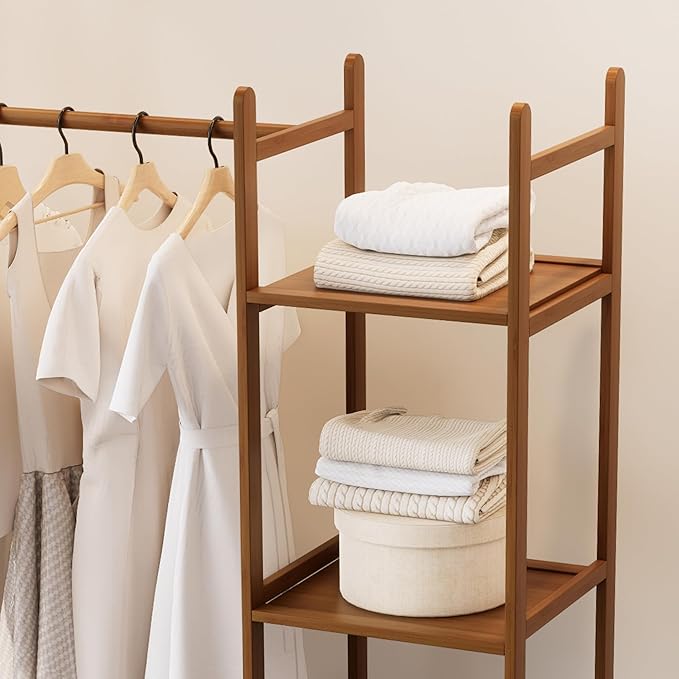 Bamboo Clothes Rack,Garment Rack with Drawers and Shelves,5 Tier Storage Shelves with 6 Hanging Hooks,Wardrobe Closet for Entryway Guestroom Kids Bedroom (39.4inch Width Tawny with Rattan Door)