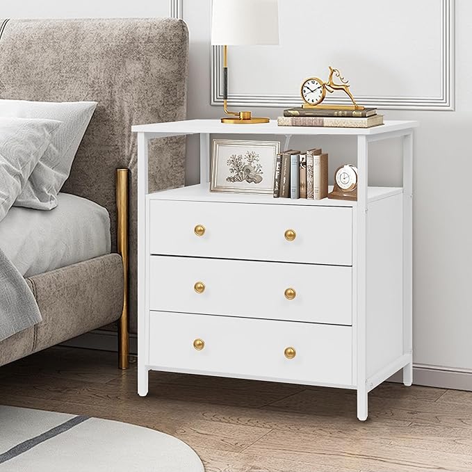 3 Wooden Drawers Night Stand, 27 Inch Wide Nightstand with Charging Station and Adjustable Drawers, Small Dresser for Closet, Bedside Table for Living Room/Bedroom/Office, White.