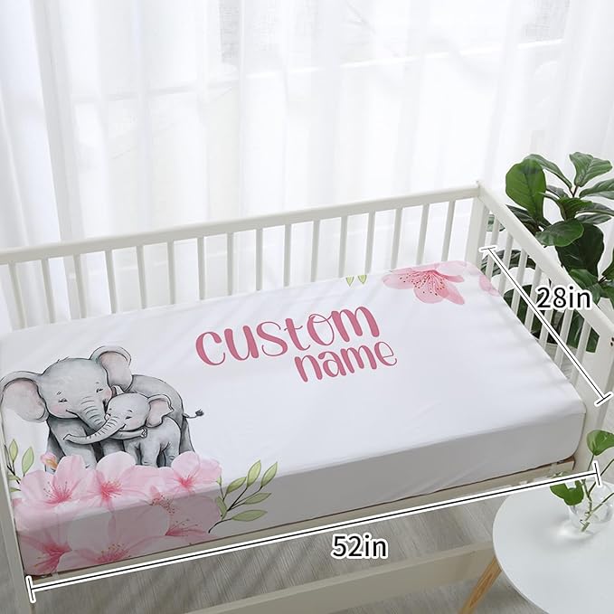 Custom Baby Crib Bedding Set - Elephant Design Personalized Name Pink Flower Baby Nursery Bedding 3 Pcs Set - Chic Soft Blanket, Fitted Sheet, Room Rug for Newborns Boys Girls Gifts