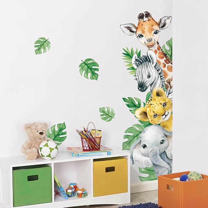 Tanlaby Jungle Animal Wall Stickers Cartoon Animal Wall Decals Giraffe Zebra Elephant Green Leaves Wall Art for Kids Baby Nursery Bedroom Playroom Decor，Right