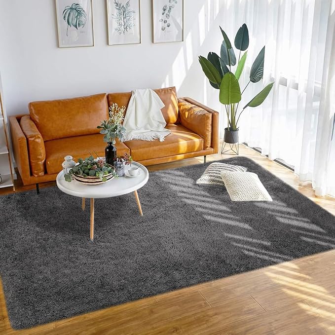 Merelax Soft Modern Indoor Large Shaggy Rug for Bedroom Livingroom Dorm Kids Room Home Decorative, Non-Slip Plush Fluffy Furry Fur Area Rugs Comfy Nursery Accent Floor Carpet 5 X 8 Feet, Dark Grey