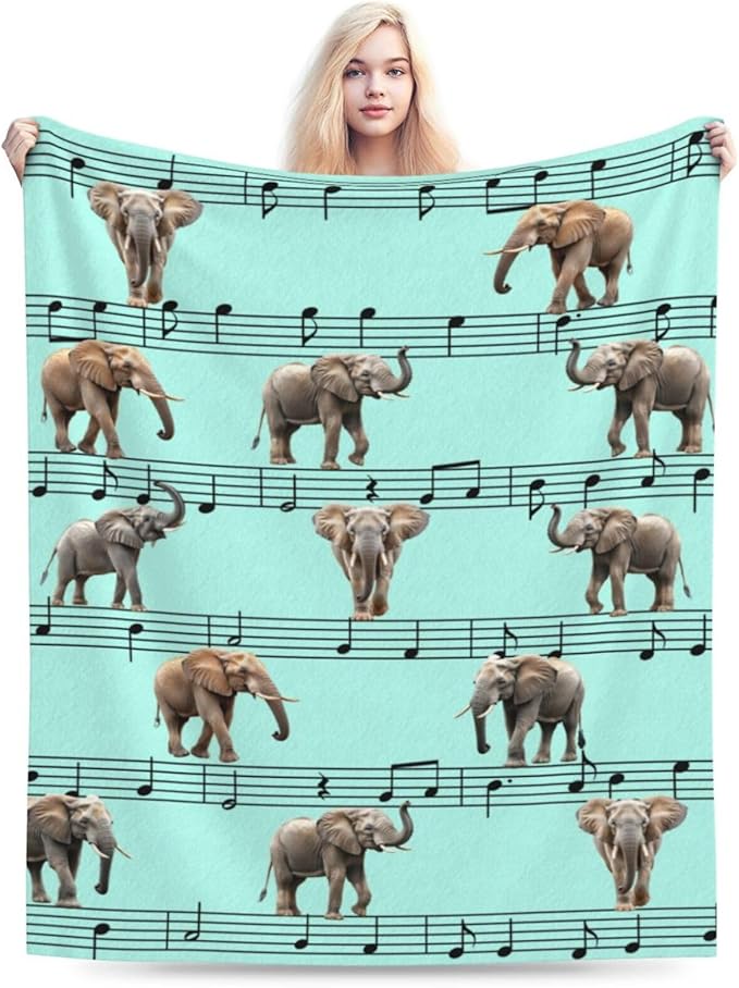 Elephant Blanket Musical Notes Decor Throw Blanket Super Soft Flannel Lightweight Fluffy Plush Fuzzy Fleece Blanket Gifts for Girl Woman Boys Kids Adults Man for Bed Sofa 60"X80"