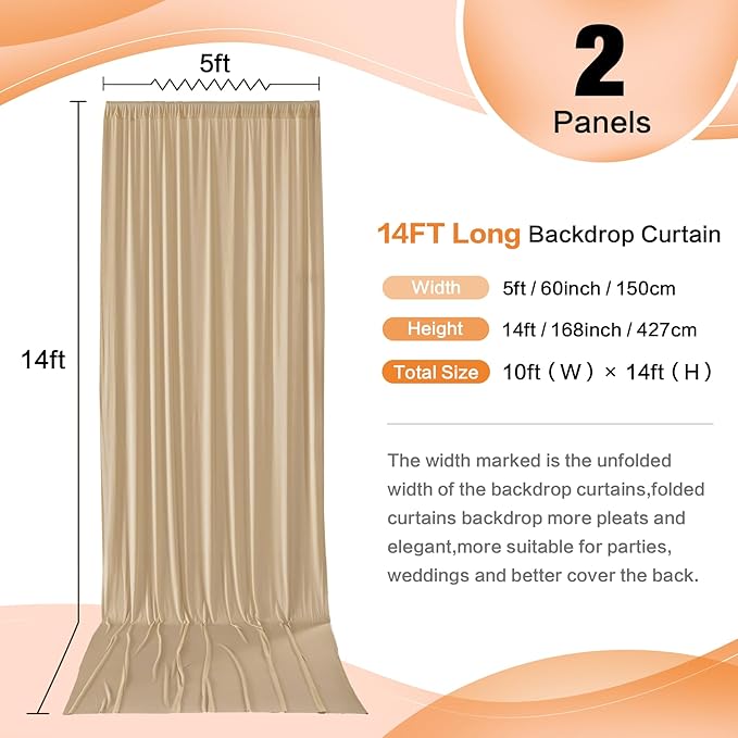 10×14 ft Beige Backdrop Curtain for Wedding Parties, 2 Panels 14ft Long Wrinkle Free Silky Polyester Backdrop Drapes Tan Photo Back Drop Cloth for Birthday Baby Shower Photography Backgrounds