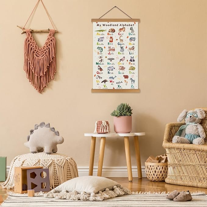 KAIRNE Kids Woodland Alphabet Poster With Wood Magnetic Hanging Framed(35CMx56CM)Children ABC Learning Art Prints,Safari Animal ABC Wall Art,Wildlife Alphabet Canvas Sign for Playroom Classroom Decor
